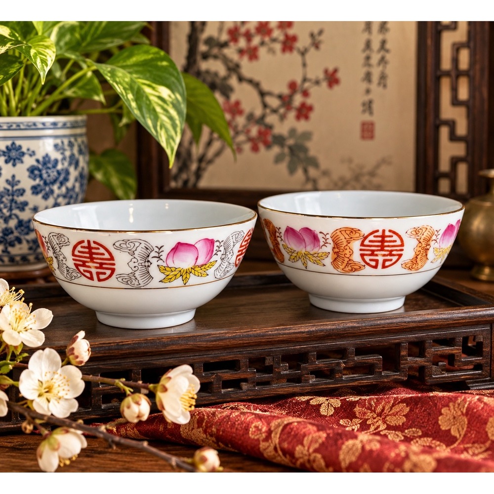Vintage Chinese Porcelain Longevity Bowls Pair Peach Bat Shou Made in China